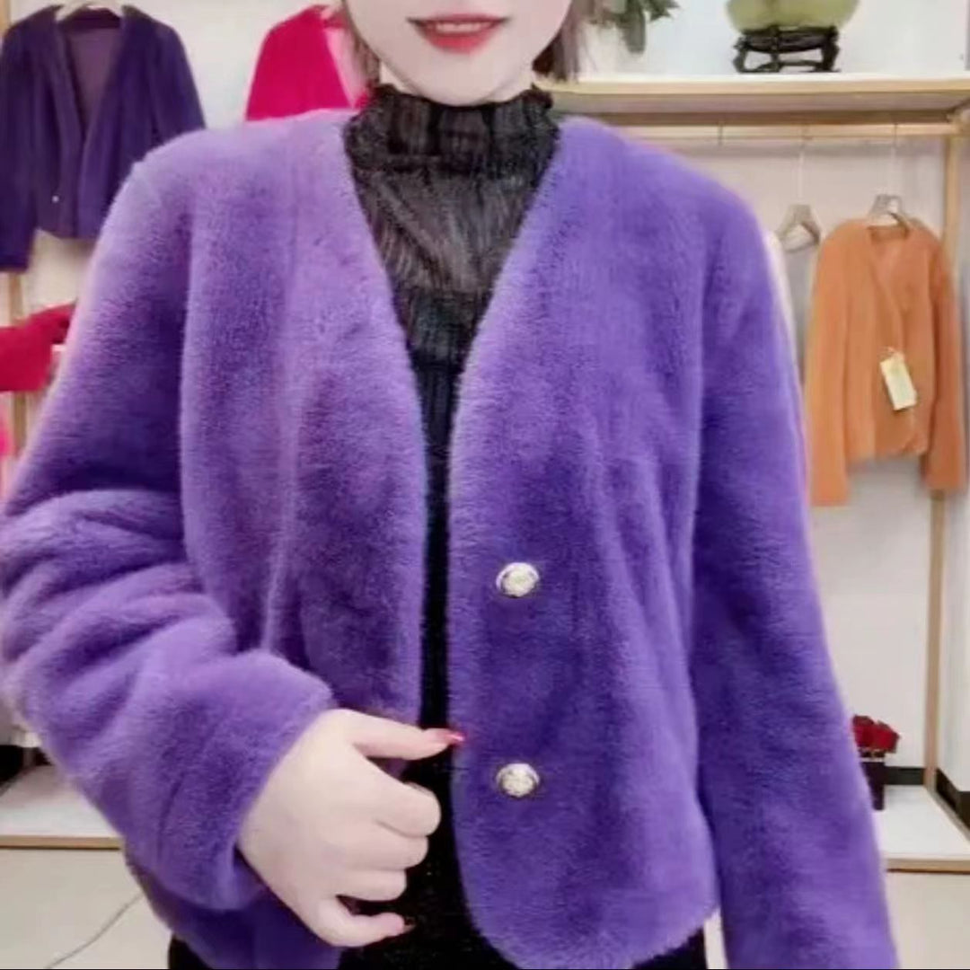 Damen Flauschige Kurzjacke mit edlen Knöpfen Drune