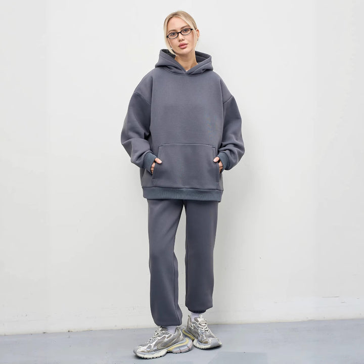 Damen lässiges Kapuzen-Sweatset aus schwerer Baumwollfleece mit Kängurutasche und gerader Jogginghose Drune