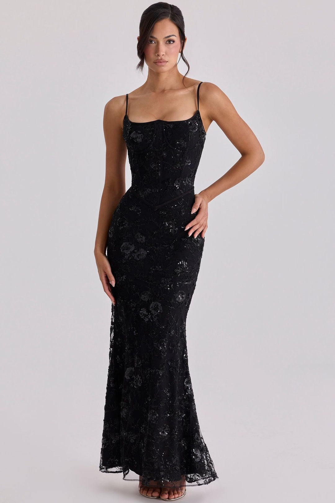 Damen nan elegantes besticktes Abendkleid mit Korsettoberteil und transparentem Spitzenüberzug Drune