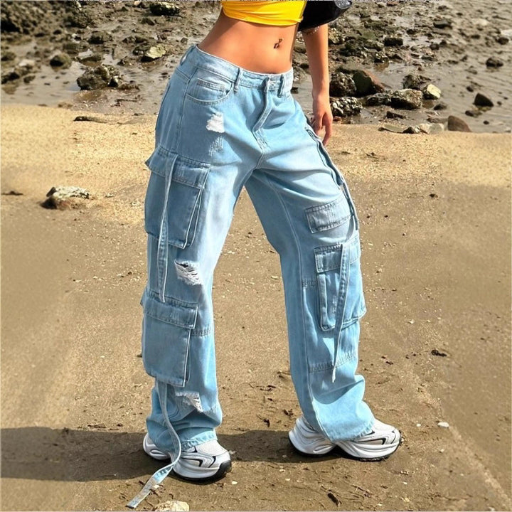 Damen Cargo-Jeanshose im weiten Baggy-Schnitt mit Mehrfach‑Cargotaschen Drune