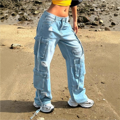 Damen Cargo-Jeanshose im weiten Baggy-Schnitt mit Mehrfach‑Cargotaschen Drune