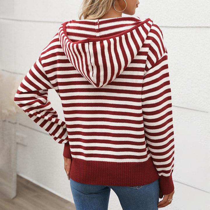 Damen Modischer Strickpullover mit Kapuze und halbem Reißverschluss Drune