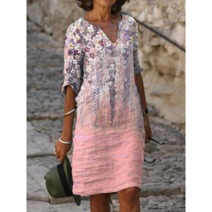 Damen nan knielanges Midikleid im Materialmix mit floraler Spitzenoberfläche, V-Ausschnitt und Knitterstruktur Drune