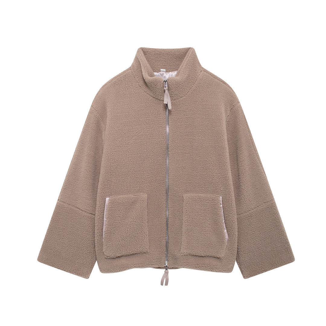 Damen Oversize Teddy-Fleecejacke mit Stehkragen und aufgesetzten Taschen Drune