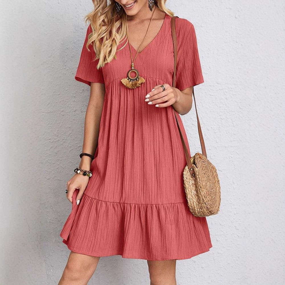 Damen nan Crinkle-Sommerkleid mit V-Ausschnitt, Empirenaht und Volant-Saum Drune