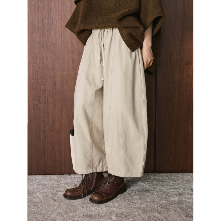 Damen Weite High‑Waist Canvas‑Culotte mit Kordelbund und Ziernähten Drune