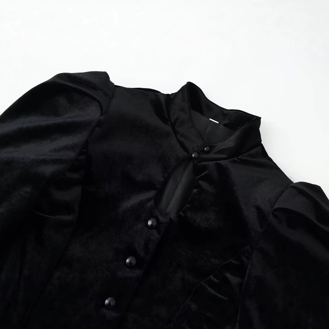 Damen Satinbluse mit Stehkragen, Puffärmeln und Peplum-Details Drune
