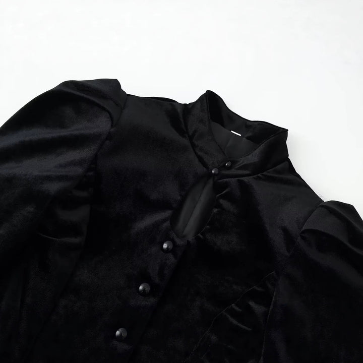 Damen Satinbluse mit Stehkragen, Puffärmeln und Peplum-Details Drune