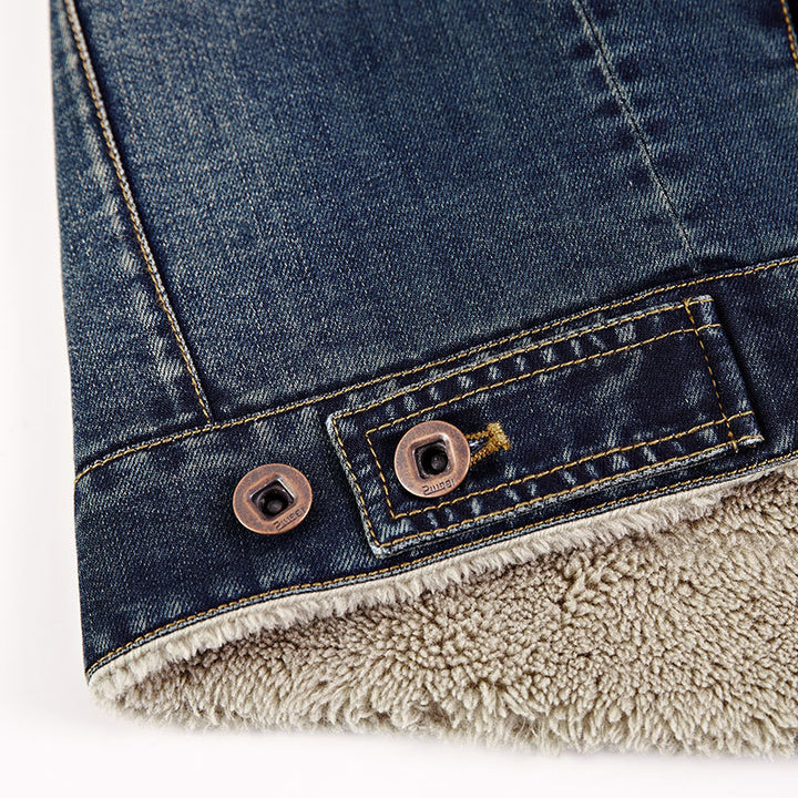 Herren Thermo-Denimjacke im Truckerstil mit vollem Teddyfleece-Innenfutter und hohem Umlegekragen Drune