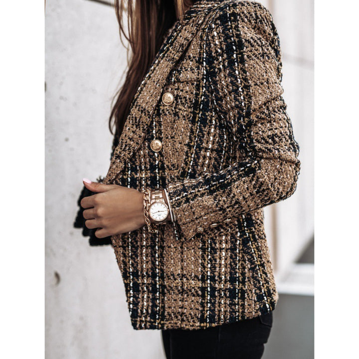 Damen Karierter Blazer mit goldenen Knöpfen und strukturiertem Gewebe Drune