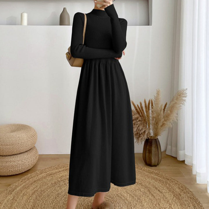 Damen elegantes midi Kleid mit dehnbarem Bund und langem Ärmel Drune
