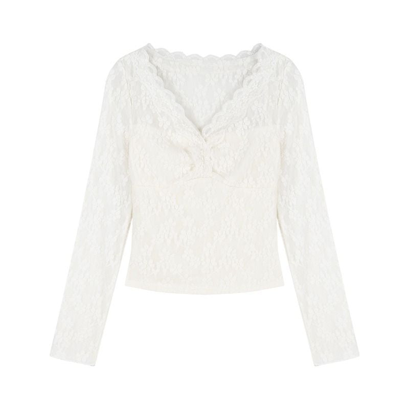 Damen Spitzenbluse mit V-Ausschnitt und Rüschendetails Drune