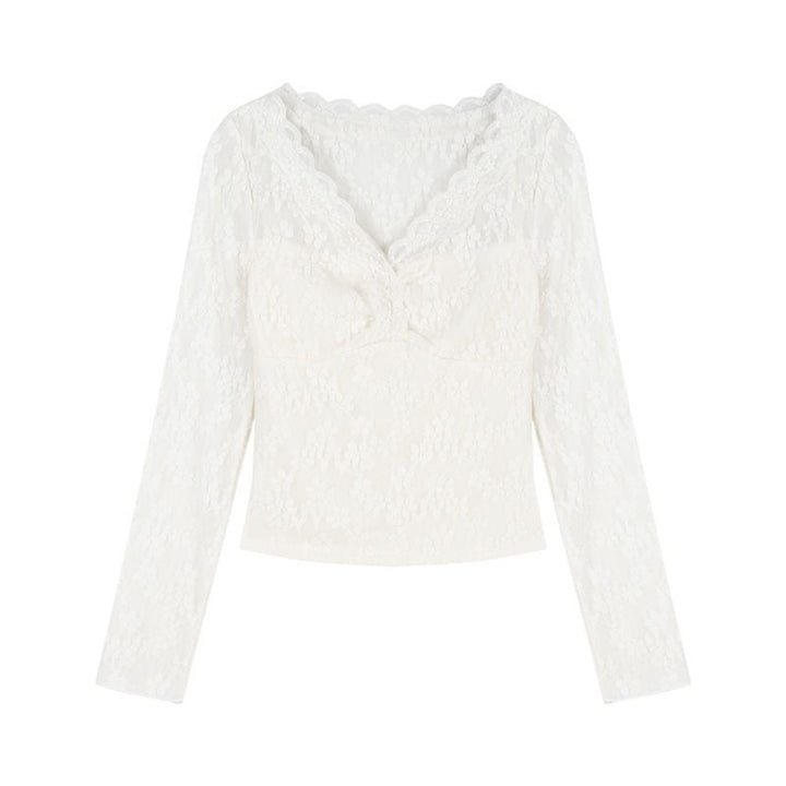 Damen Spitzenbluse mit V-Ausschnitt und Rüschendetails Drune