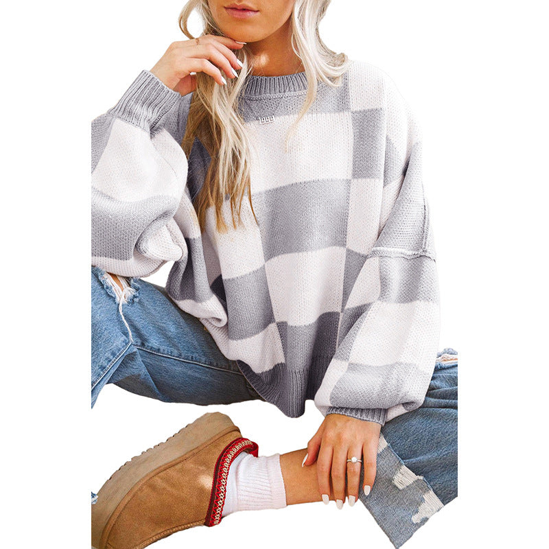 Damen Oversized Pullover mit Karomuster und voluminösen Ärmeln Drune