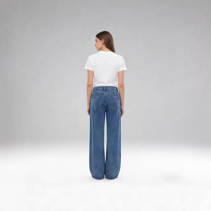 Damen nan hochgeschnittene Bundfalten-Weitbein-Jeans mit hohem Bund und Gürtelschlaufen Drune