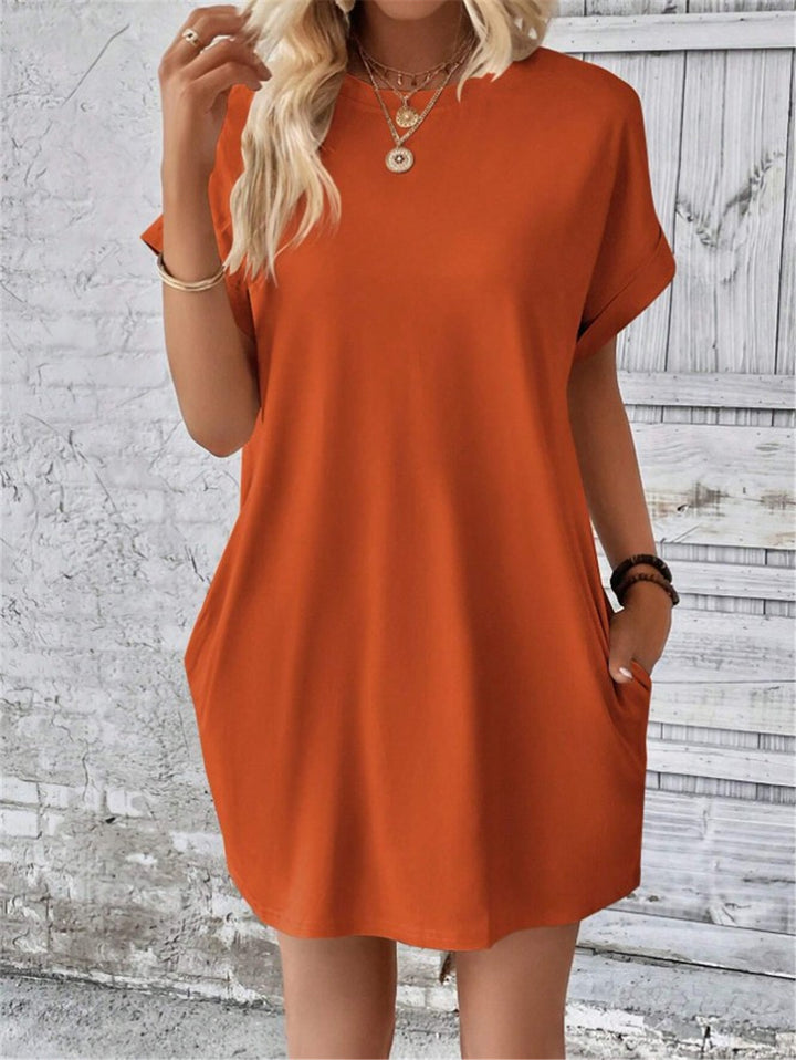 Damen lässiges T-Shirt-Kleid mit umschlagbaren Ärmeln und Taschen Drune
