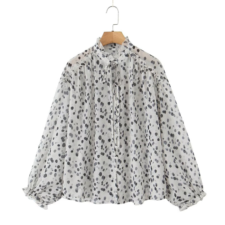 Damen Transparente Chiffonbluse mit Tupfenprint, Stehkragen und voluminösen Rüschenärmeln Drune