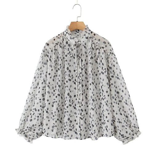 Damen Transparente Chiffonbluse mit Tupfenprint, Stehkragen und voluminösen Rüschenärmeln Drune