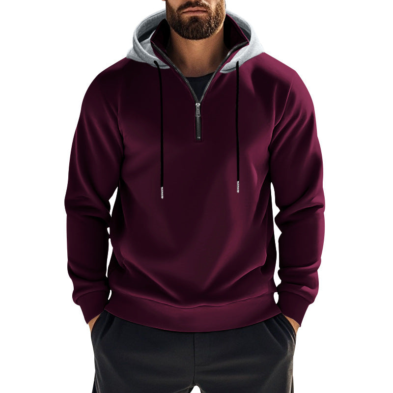 Herren nan sportives Kapuzen-Sweatshirt mit kurzem Frontreißverschluss, kontrastgefütterter Kapuze und elastischen Rippbündchen Drune
