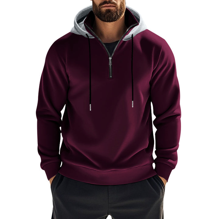 Herren nan sportives Kapuzen-Sweatshirt mit kurzem Frontreißverschluss, kontrastgefütterter Kapuze und elastischen Rippbündchen Drune