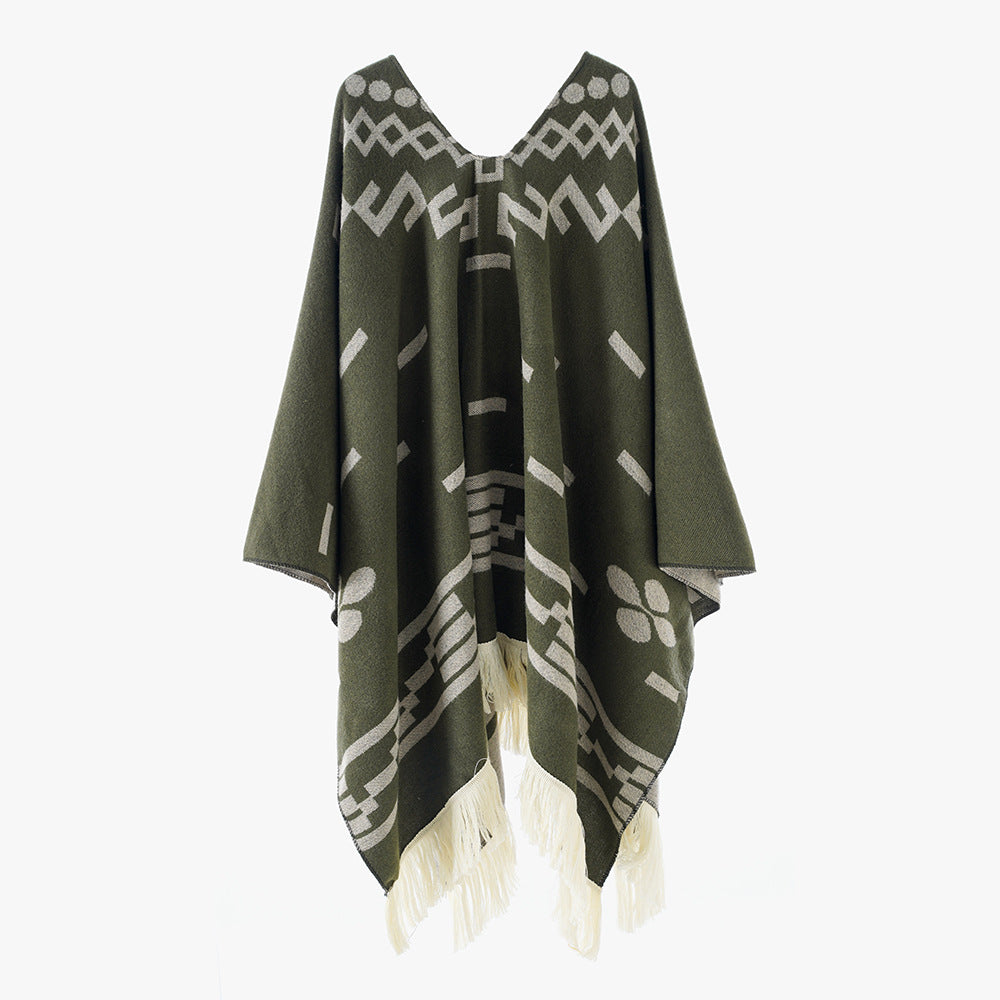 Damen V-Ausschnitt-Poncho im Jacquard-Strick mit Fransenabschluss Drune