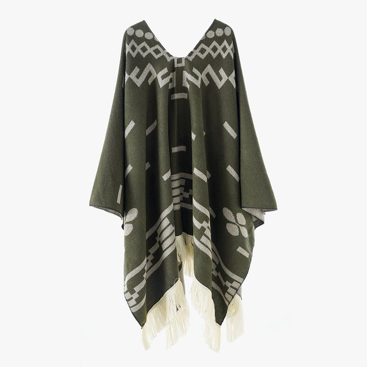 Damen V-Ausschnitt-Poncho im Jacquard-Strick mit Fransenabschluss Drune