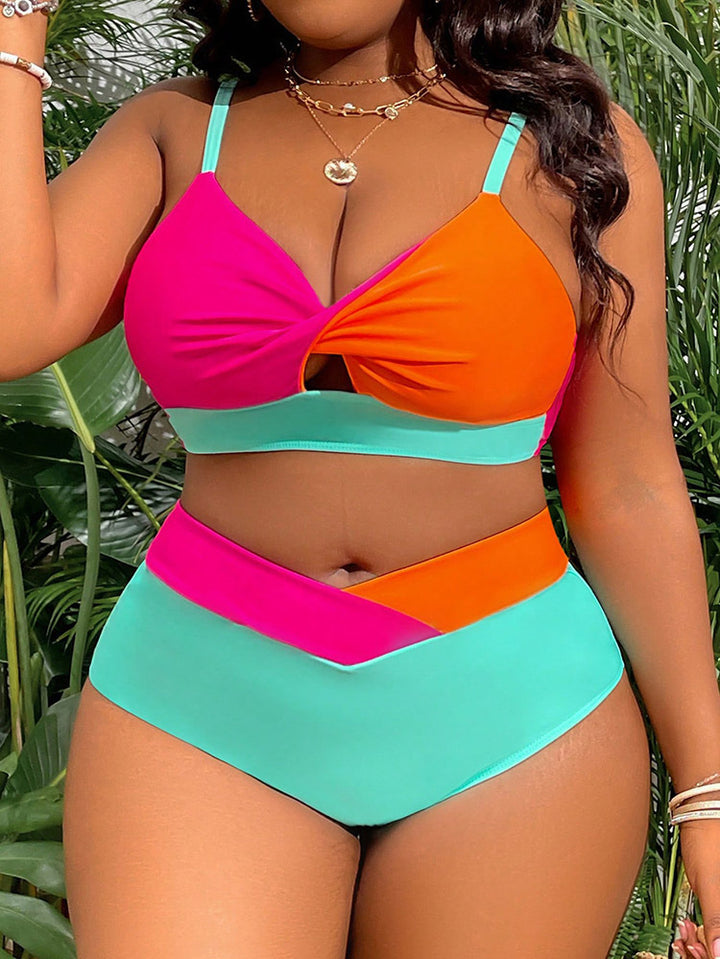 Damen hoch tailliertes Bikini-Set mit modischem Farbblock-Design Drune