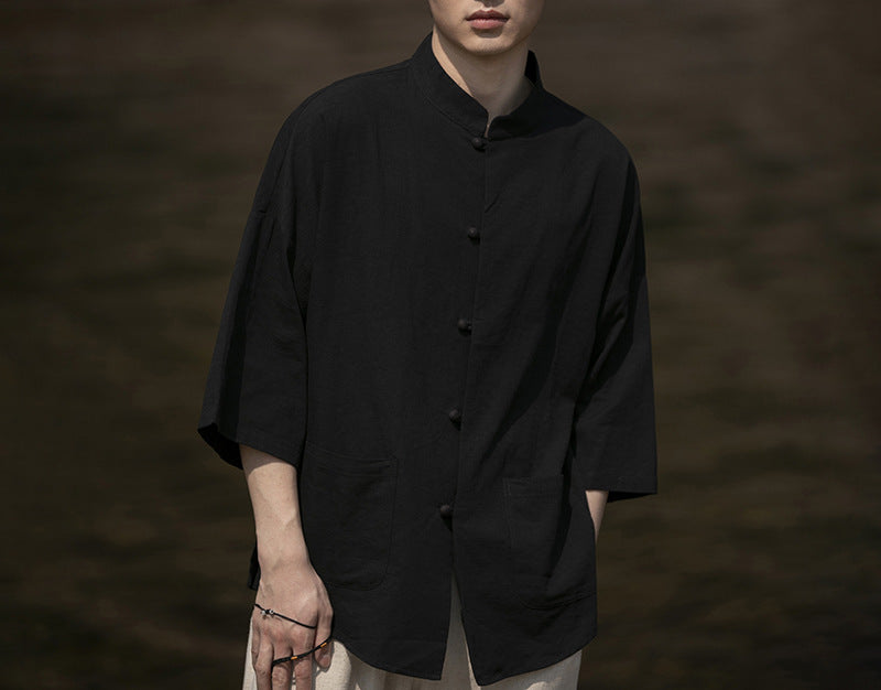 Herren Oversize Hemd im Kimono-Stil aus Leinen-Baumwollmix mit Stehkragen Drune