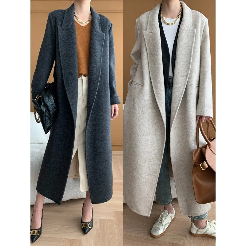 Damen eleganter Wickelmantel aus hochwertigem Wollmix mit Taillengürtel Drune