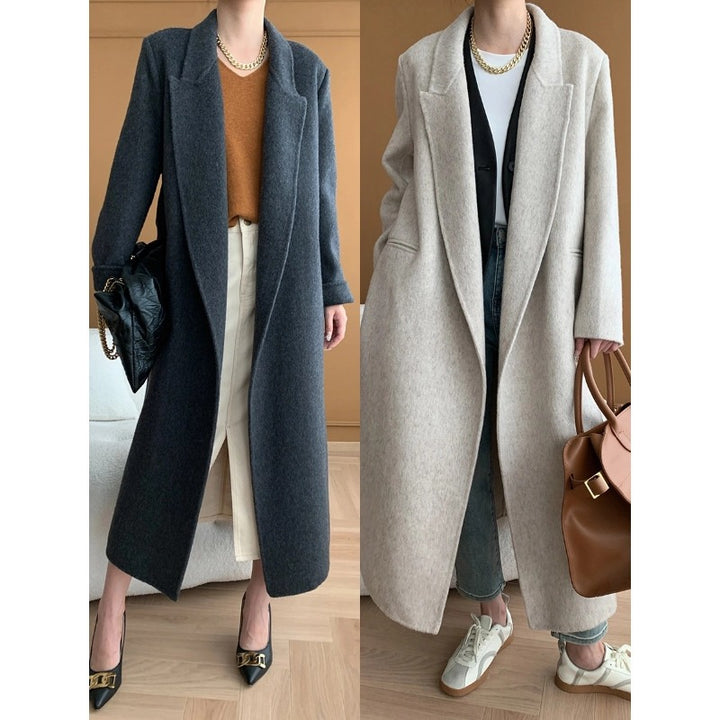 Damen eleganter Wickelmantel aus hochwertigem Wollmix mit Taillengürtel Drune