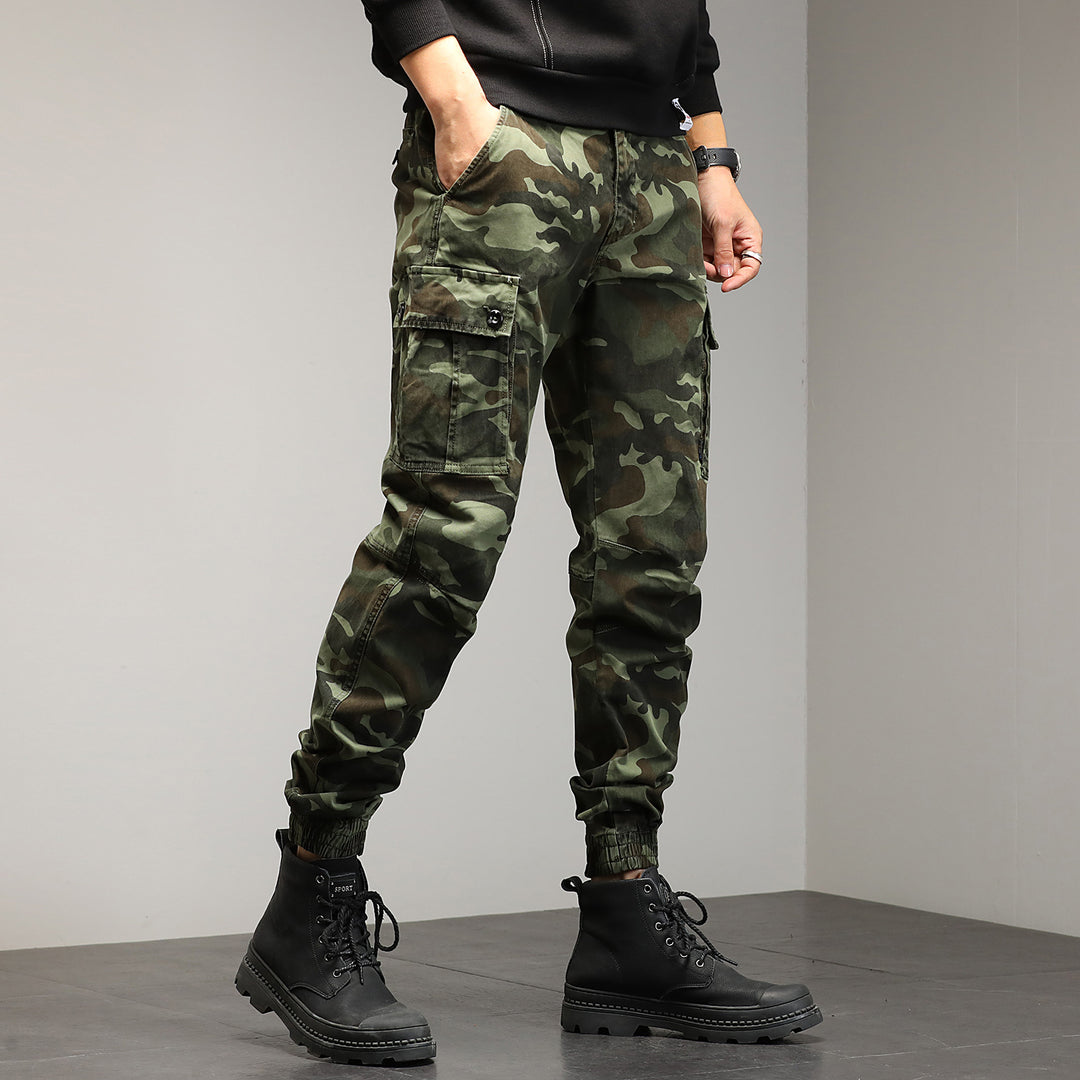 Herren Konisch geschnittene Utility-Cargohose im Camouflage-Joggerstil mit elastischem Bund und gerippten Bündchen Drune