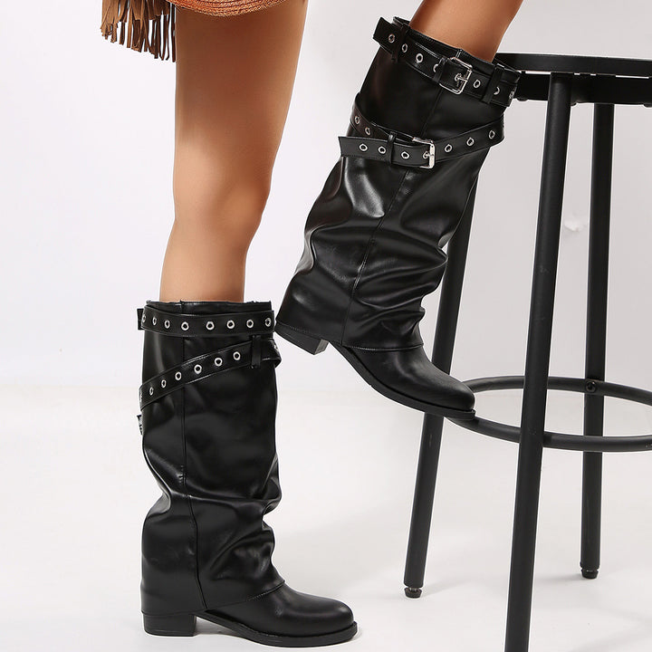 Damen Modische Hightop Stiefel mit dezenter Riemen- und Schnallenverzierung Drune