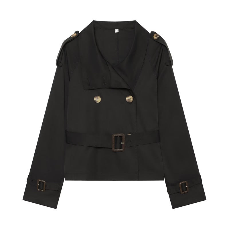 Damen Kurzer Boxy-Trench mit Doppelreiher, Taillengürtel und Schulterklappen Drune