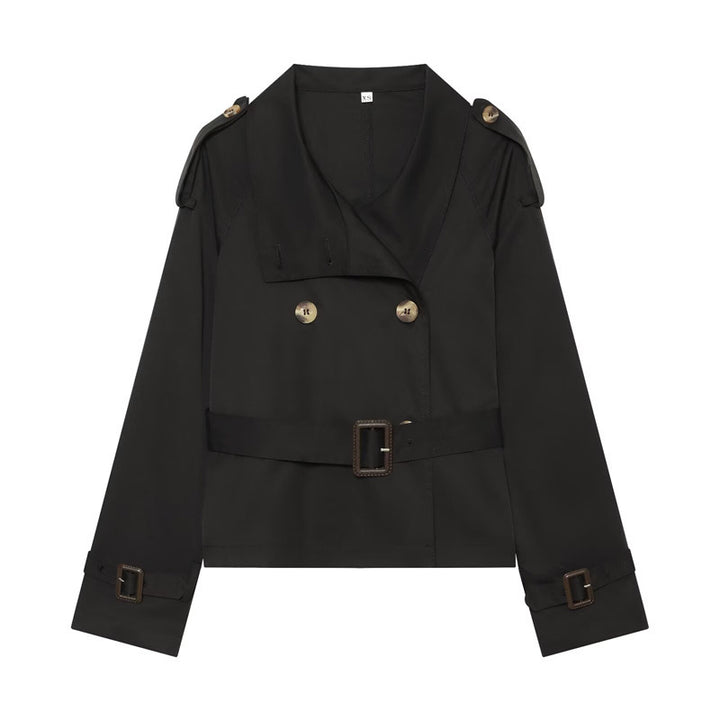 Damen Kurzer Boxy-Trench mit Doppelreiher, Taillengürtel und Schulterklappen Drune