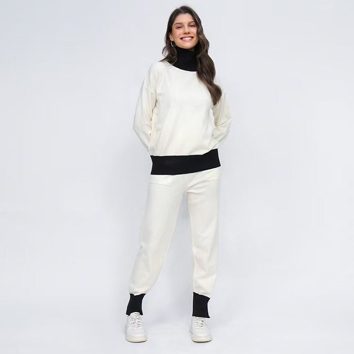 Damen komfortables Strick-Loungewear-Set mit hohem Kragen und elastischen Bündchen Drune