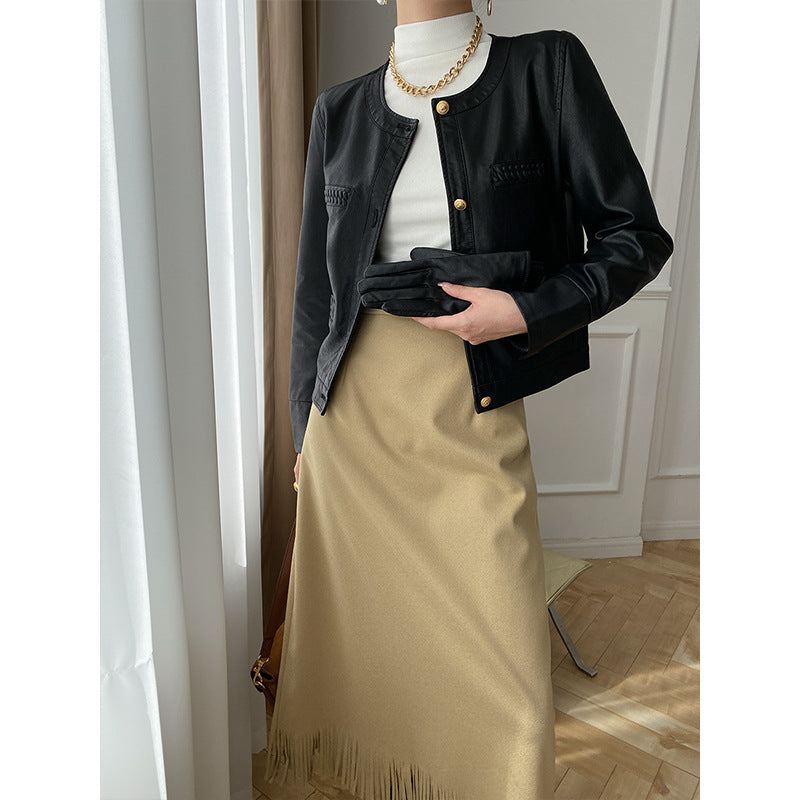 Damen Lederjacke im modernen Stil mit dekorativen Taschen und elegantem Schnitt Drune