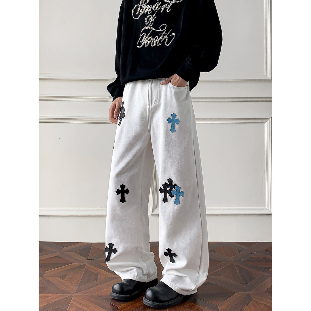 Damen Weitgeschnittene Denim-Hose mit kreativem Kreuzdesign Drune