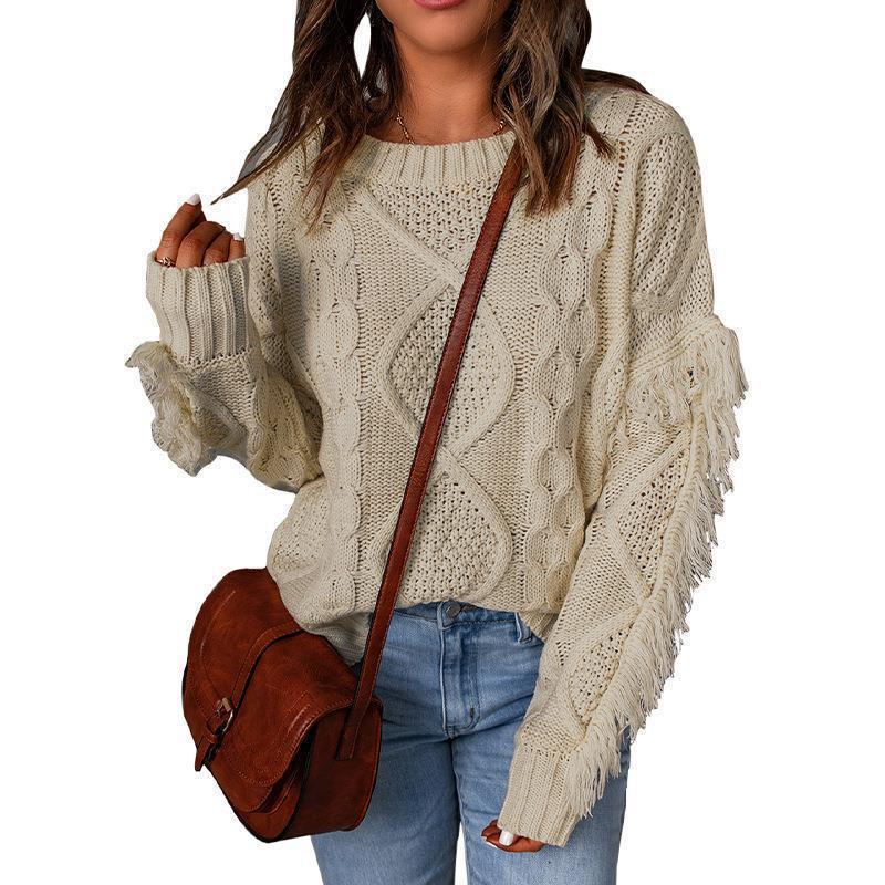 Damen Grobstrick-Pullover mit Zopfstruktur, fransigen Ärmeln und legerer Oversize-Passform Drune