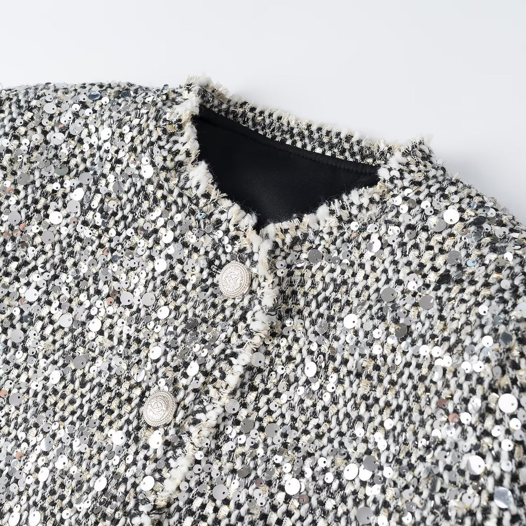 Damen Kurzjacke im Bouclé‑Stil mit Paillettenbesatz und Perlmuttknöpfen Drune