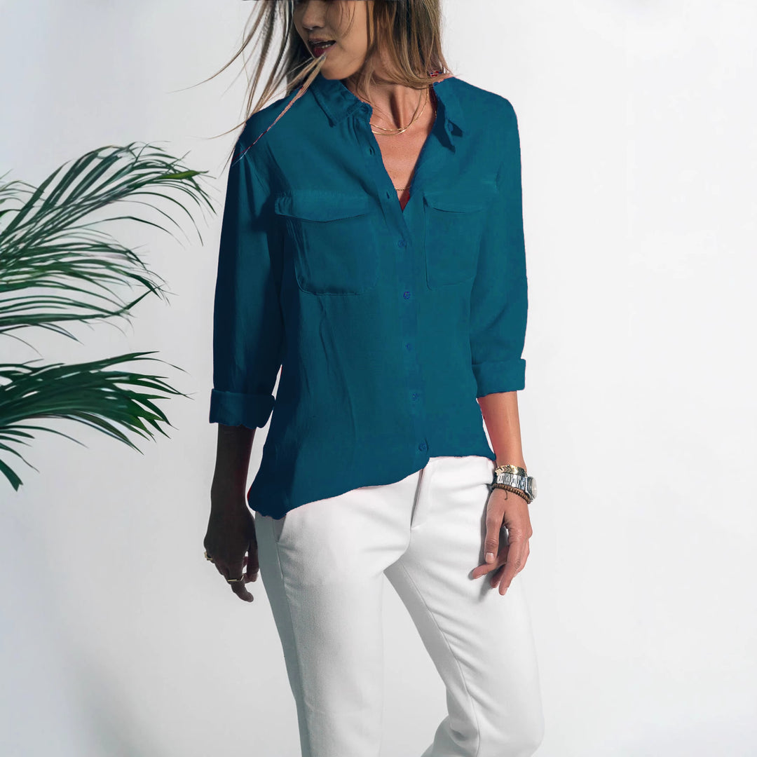 Damen Leichtes Hemd Bluse mit Brusttaschen und Lockerer Passform Drune