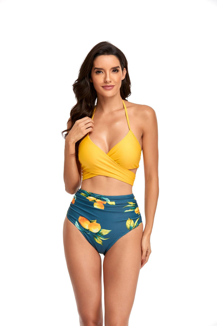Damen Hochgeschnittener Bikini mit Wickeloberteil und floralen Mustern Drune