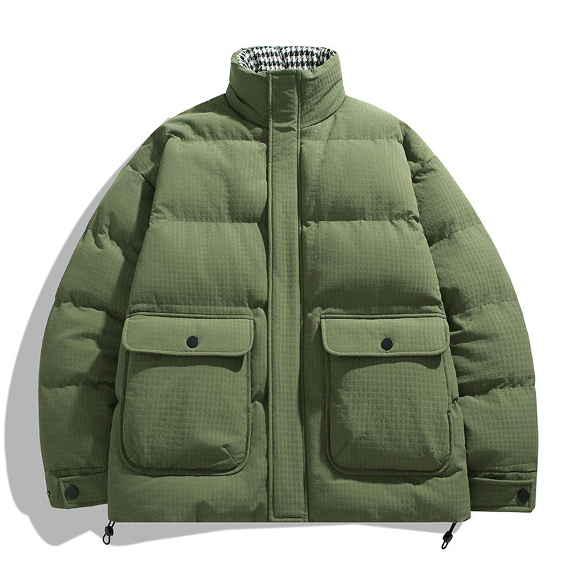 Unisex Wattierte Steppjacke mit großen Pattentaschen, Stehkragen und Ripstop-Struktur Drune