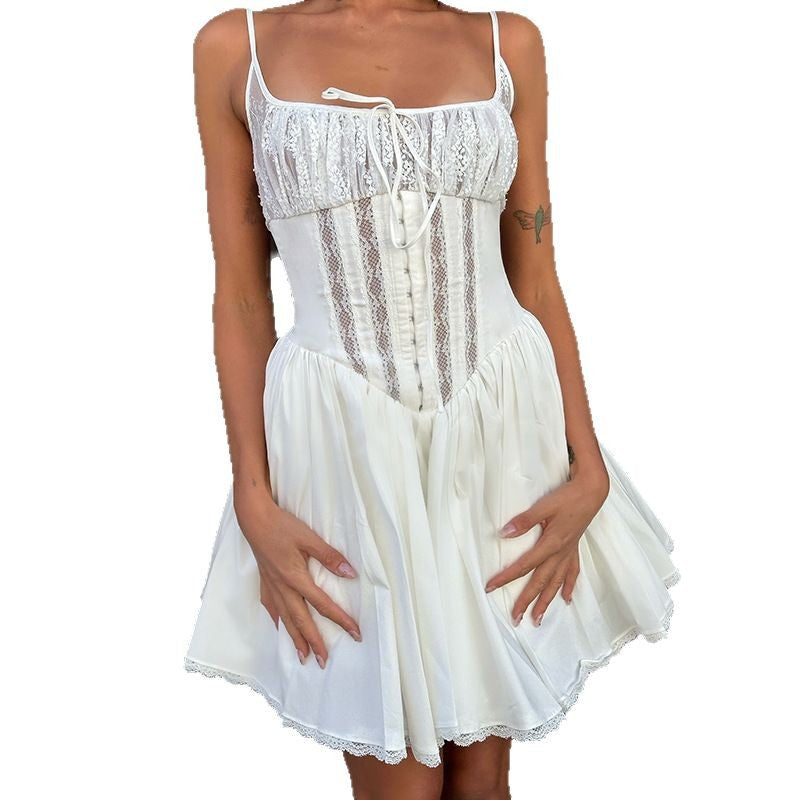 Damen elegantes Spitzenkleid mit niedlichen Rüschendetails Drune