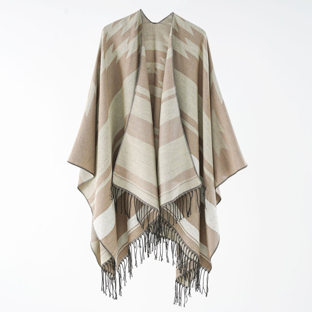 Damen Langer Reversfreier Webponcho im Umhangstil mit dezentem Zackenmuster und Fransensaum Drune