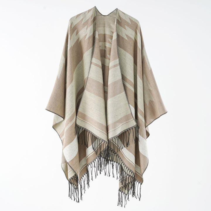 Damen Langer Reversfreier Webponcho im Umhangstil mit dezentem Zackenmuster und Fransensaum Drune