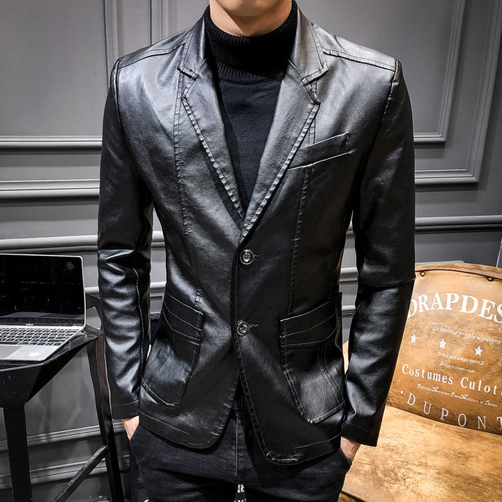 Herren Lässiges Slim-Fit Kunstleder-Sakko mit Reverskragen und aufgesetzten Taschen Drune