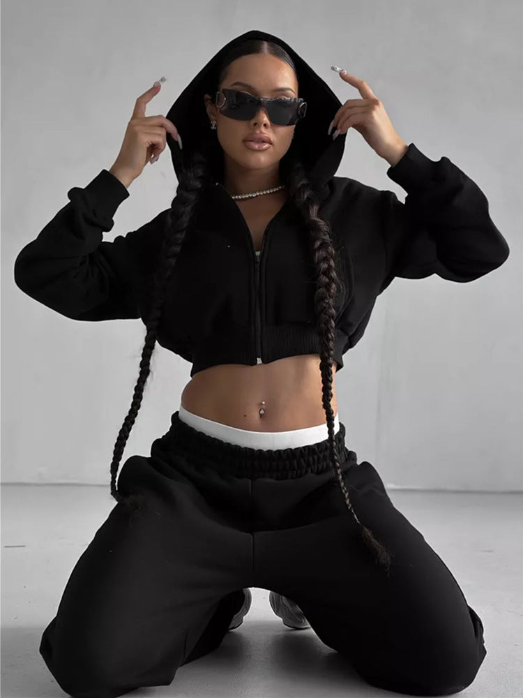 Damen kurzes Zip-Kapuzensweatshirt mit tailliertem Bündchen und weitem High‑Waist French‑Terry Jogginghose Set Drune