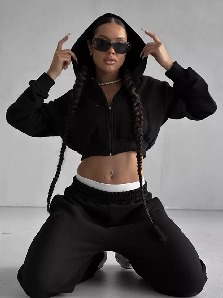 Damen kurzes Zip-Kapuzensweatshirt mit tailliertem Bündchen und weitem High‑Waist French‑Terry Jogginghose Set Drune