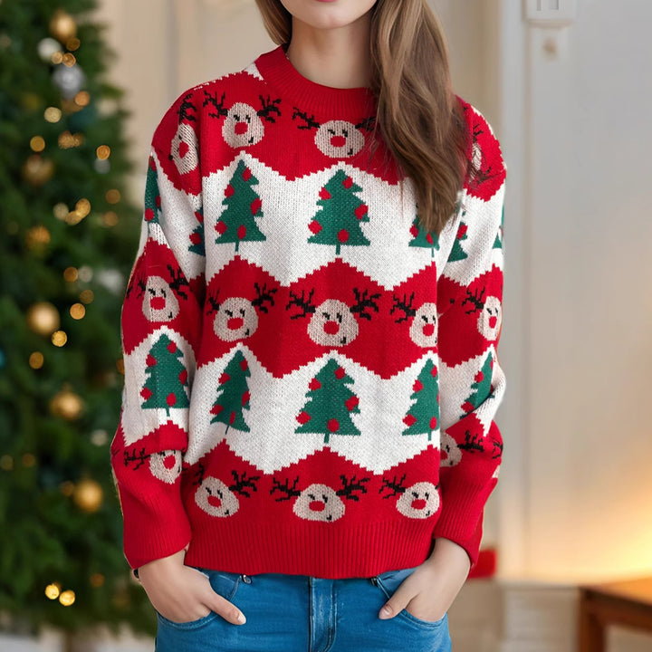 Damen Weihnachtspullover mit festlichem Rentier- und Weihnachtsbaum-Motiv Drune