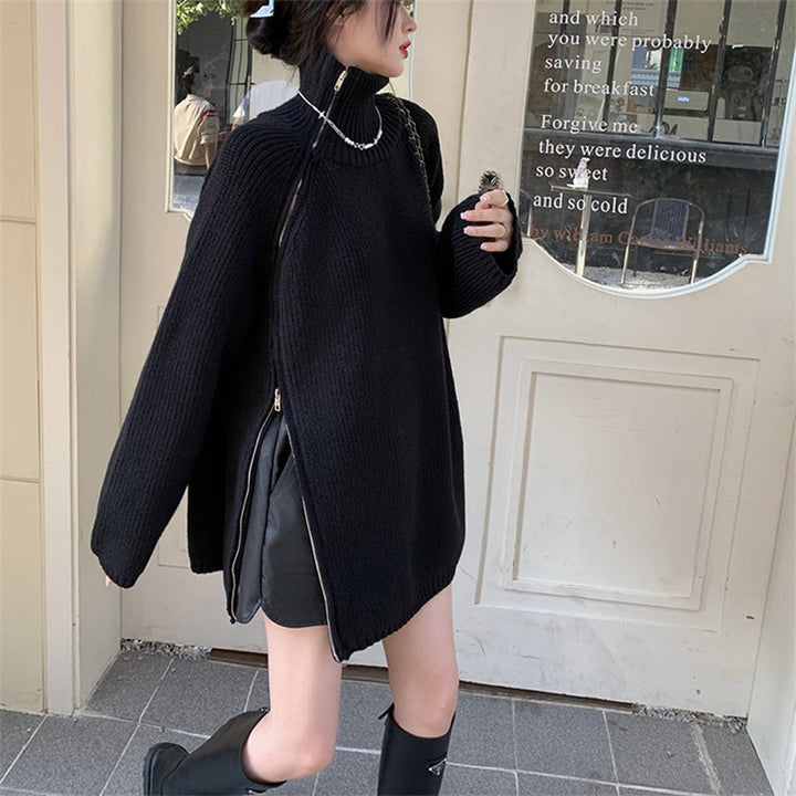 Damen Oversized Rollkragenpullover mit seitlichem Reißverschluss und geripptem Design Drune
